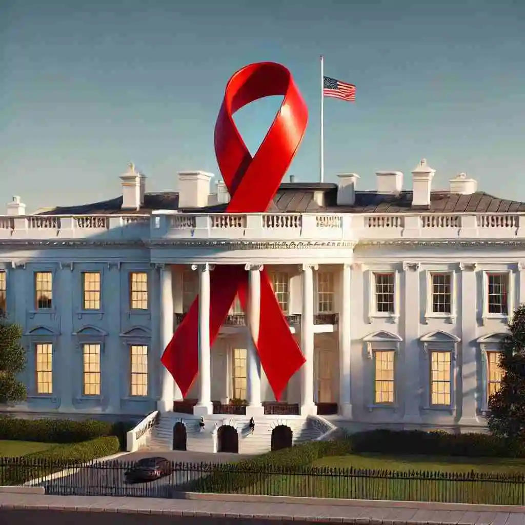 Red ribbon displayed on the North Portico of the White House on World AIDS Day