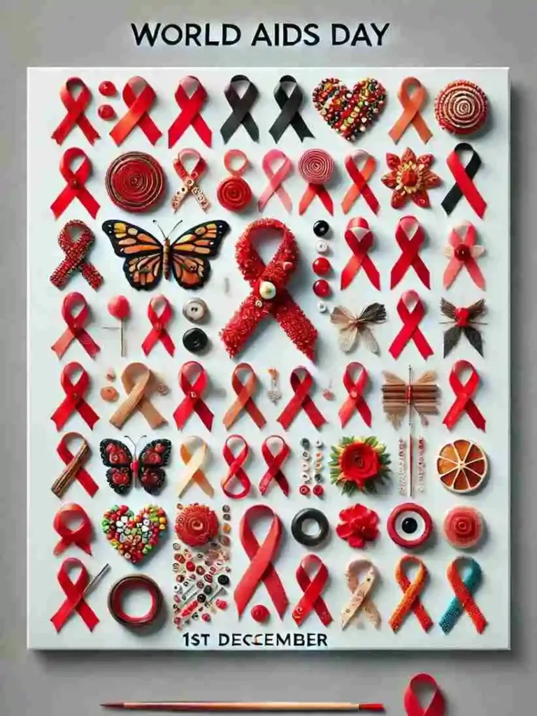 World AIDS Day image portraying different types of red ribbons with bouquets, butterflies and some other items